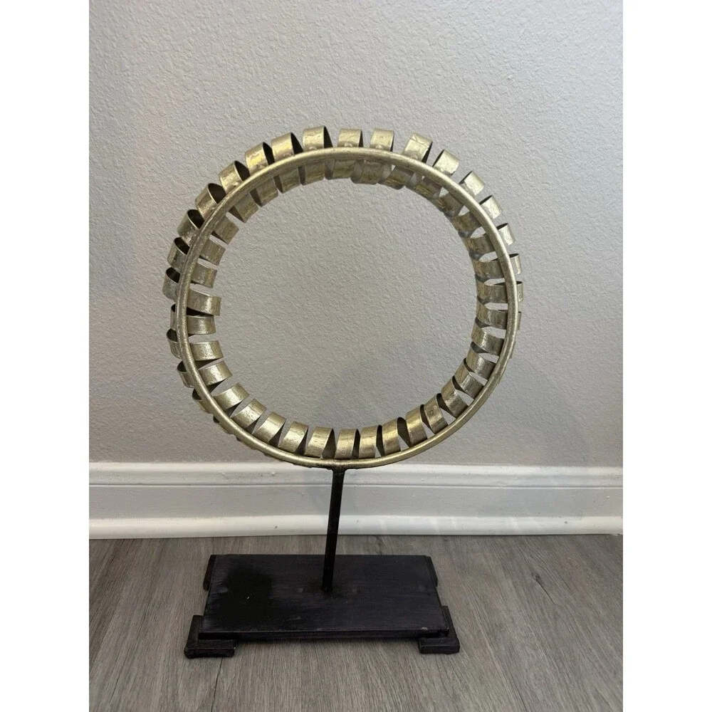 Arena Gold Finish Metal Sculpture, Iron Mount, Wooden Base. Zen-inspired Accent